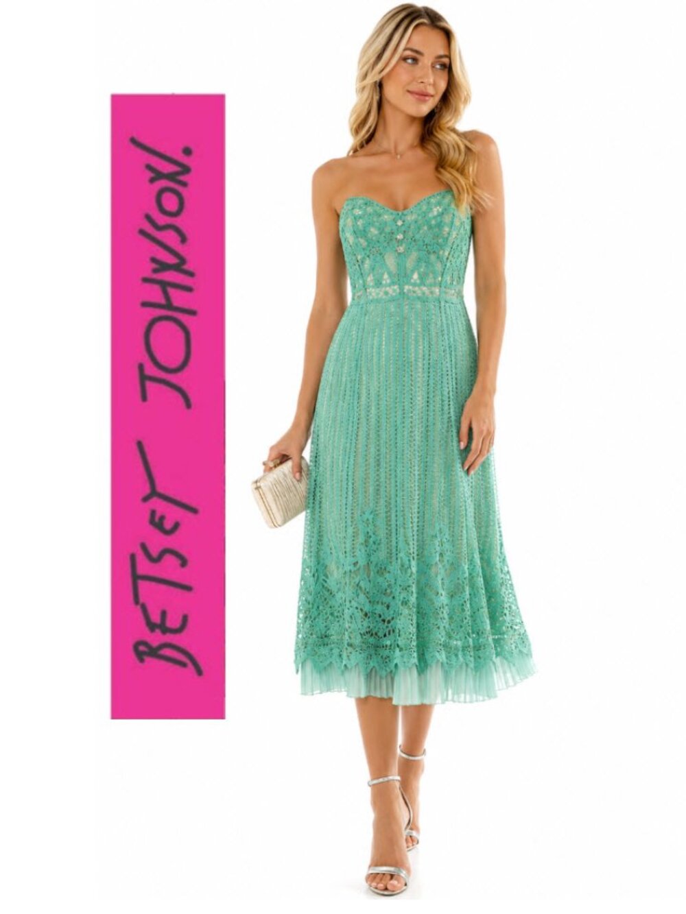 Betsey Johnson Mint Lace Strapless Midi Dress Beaded Boned Bodice 2 NWOT gown
